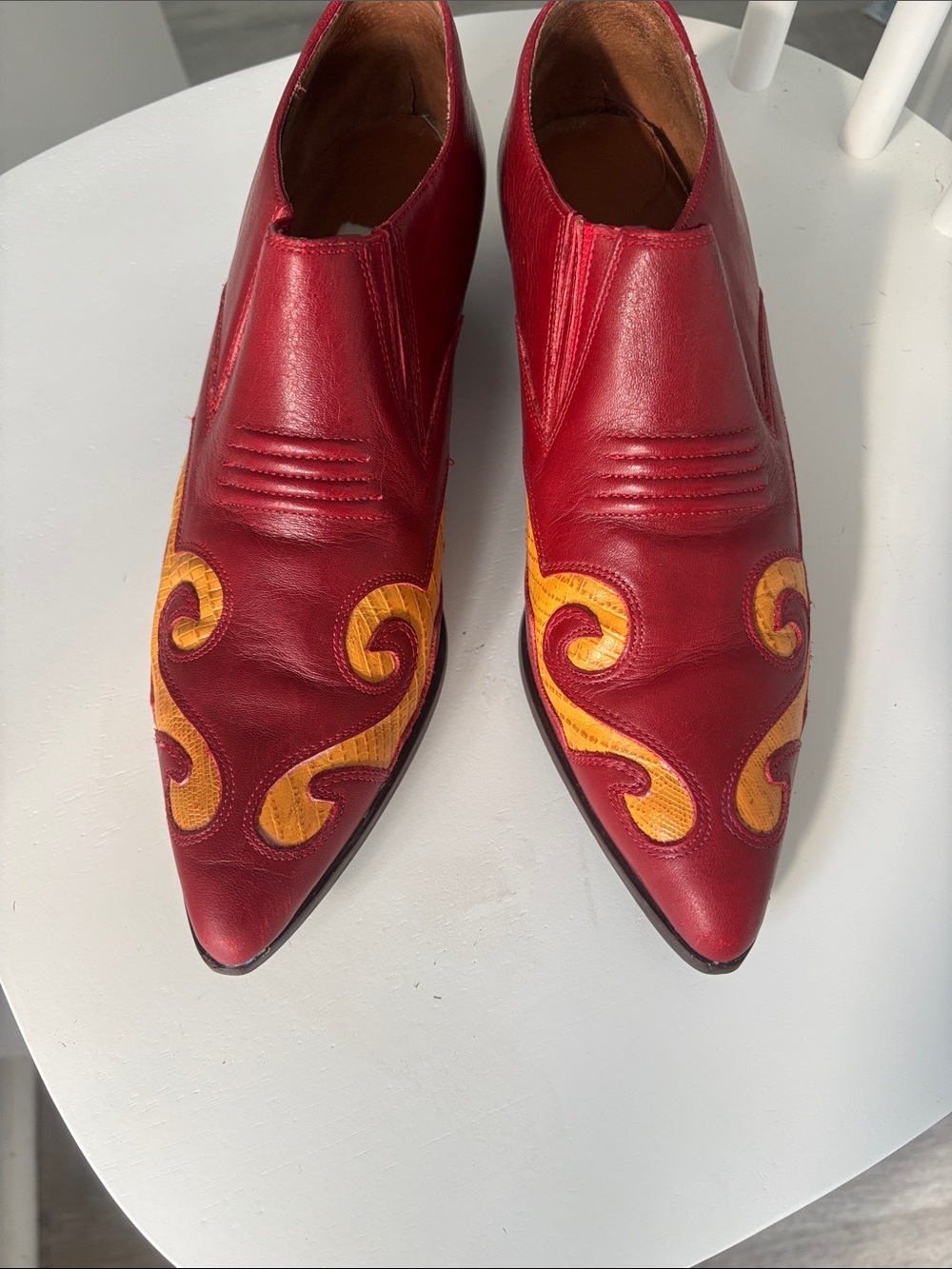Nine West Red Leather Pointed Ankle Booties with Yellow Accents